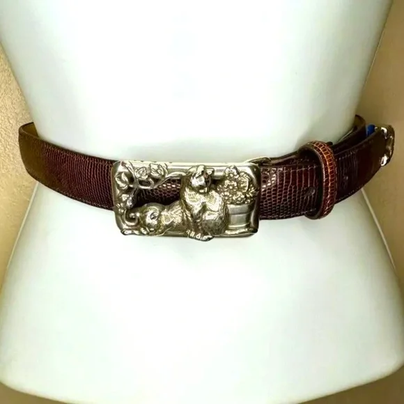 🐈⬛BRIGHTON🐈⬛ LEATHER SNAKE EMBOSSED TEXTURE CATS & FLOWERPOT BUCKLE VTG BELT🐈 - Picture 3 of 13